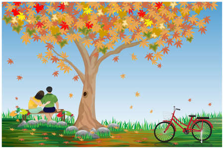 young man and woman sitting on chair under big tree vector designのイラスト素材
