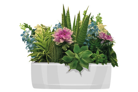 Illustration of a flowerpot with succulents and hydrangea on a white backgroundのイラスト素材