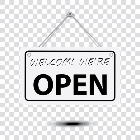 white sign come in we're open,with shadow isolated on transparent background vector designのイラスト素材