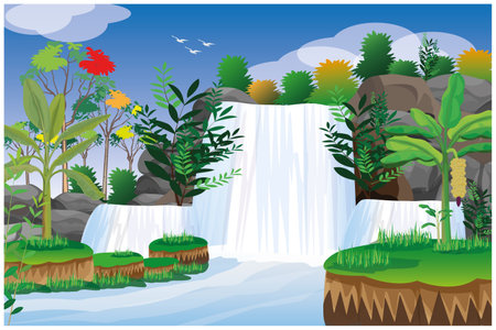 beautiful waterfall with mountain stone background vector designのイラスト素材