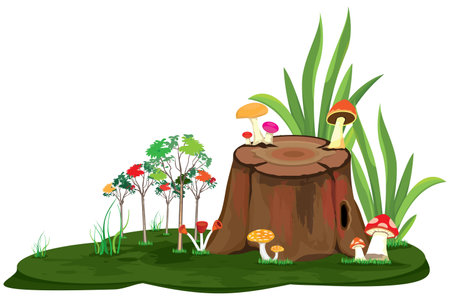stump with mushroom on green floor in jungle vector designのイラスト素材