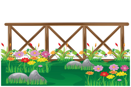 wooden fence in flower garden vector designのイラスト素材