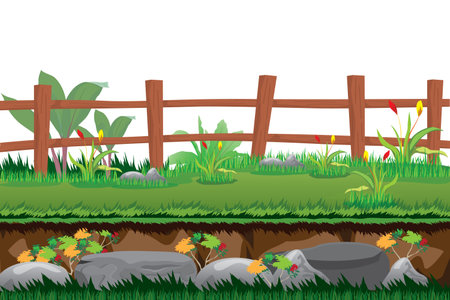 wooden fence in flower garden vector designのイラスト素材
