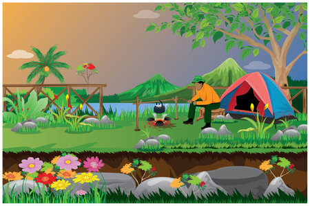 one men resting by camping on vacationのイラスト素材