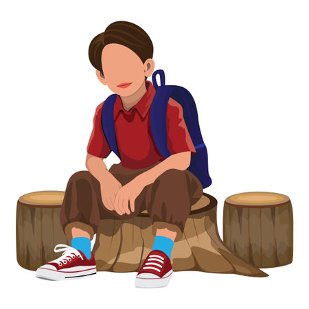 A boy wearing a red shirt and carrying a bag sits on a tree stump.vector designのイラスト素材