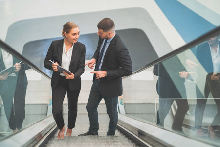 Portrait of Successful Business People Talking using Tablet Successful Business Colleagues Discussing on Corridor of Modern Corporate Buildingの写真素材