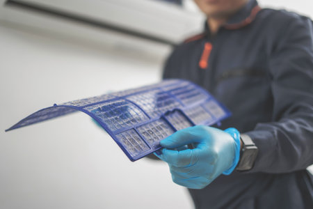 A maintenance air conditioner technician uses a drill to clean the air conditioner inside the house.