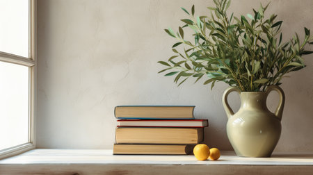 A beautiful model interior with a vase with plants against a gray wall, a book on a table by the window, sunlight and shadows. AI generated.の素材