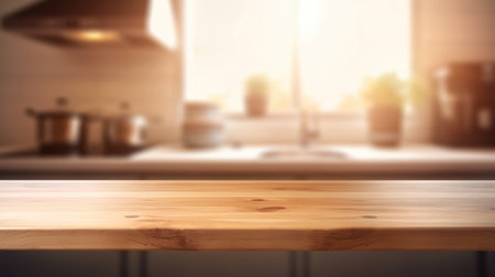 Wooden Table on Blurred Kitchen Counter (Room) Background. Beautiful Empty Wooden table Countertop and Modern Kitchen Interior Background in Clean and Bright Banner for Product Montage. Generative AIの素材