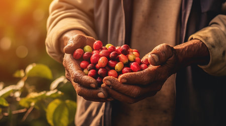 Arabica coffee berries, farmer's hand harvesting ripe coffee beans harvested from the garden, close-up view of arabica coffee farmer's hands harvesting ripe coffee beans of his farm crops. AI generated.の素材
