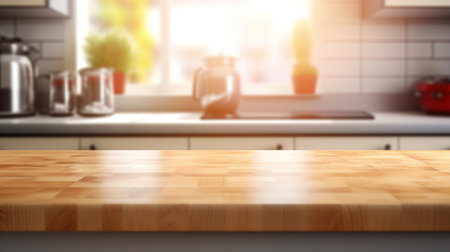 Wooden Table on Blurred Kitchen Counter (Room) Background. Beautiful Empty Wooden table Countertop and Modern Kitchen Interior Background in Clean and Bright Banner for Product Montage. Generative AIの素材