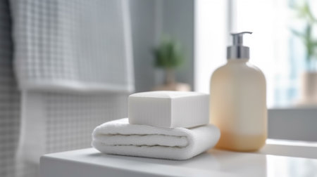 Toiletries Soap Towel Creams and Lotions. Light Elegant Modern Bathroom Interior with White Marble Tabletop. Generative AIの素材