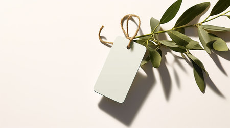 Blank paper gift tag, label mockup with rope and olive branch on white tabletop in sunlight, light and shadow. generative aiの素材