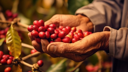 Arabica coffee berries, farmer's hand harvesting ripe coffee beans harvested from the garden, close-up view of arabica coffee farmer's hands harvesting ripe coffee beans of his farm crops. AI generated.の素材