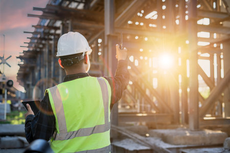 Asian Male Foreman Inspects Objects at the Construction Site of New Concrete Roads and Bridges that...