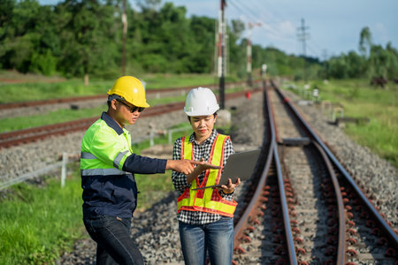 Asian Railway Engineer on Site Inspecting Railway Tracks on site, railway engineer Collaboration Teamwork Conceptの写真素材