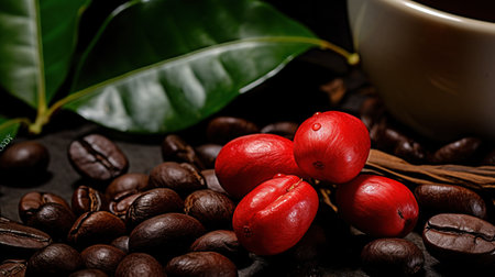 A Close-up view of roasted coffee beans and fresh red coffee cherry branch with fresh coffeeの素材