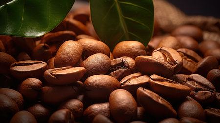 A Close-up view of roasted coffee beans and fresh red coffee cherry branch with fresh coffeeの素材