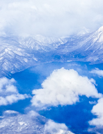 Top view from the airplane window, ocean blueの写真素材