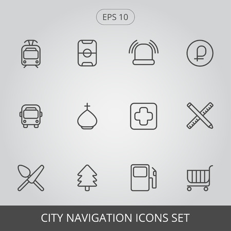 City navigation icons set. Tram, Bus, food, stadium, church, park, police, medical, fuel, modey, rub, school, shop.のイラスト素材