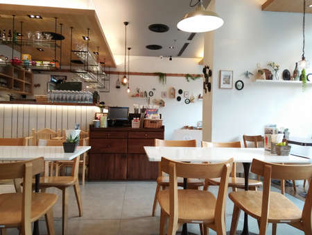 BANGKOK, THAILAND - Feb,23 2020:Restaurant decoration of name âON THE TABLEâ ,Japanese fusion Italian style in Mercury Ville, Bangkok. Interior design concept.のeditorial素材