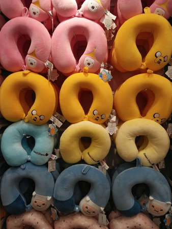 BANGKOK, THAILAND - Feb,10 2020: Cute superhero pillows/products of the Marvel universe on orderly store shelves in "Miniso" gift shop backgroundのeditorial素材