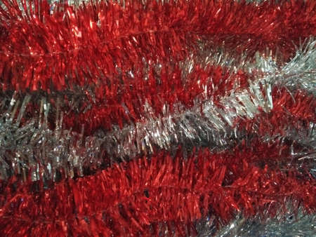 Artificial sparkling red and white pine tree macro for Christmas decorationの写真素材