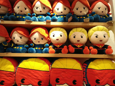 BANGKOK, THAILAND - Feb,10 2020: Cute superhero dolls/toys of the Marvel universe on orderly store shelves in "Miniso" gift shop backgroundのeditorial素材