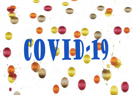 COVID-19 word and watercolor hand drawn painting of corana virus (red,orange and brown color)...