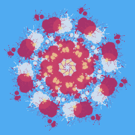 Abstract flower mandala background with white,red and blue splashes on blue background. Fireworks art,Colorful abstract pattern, symmetrical kaleidoscope symmetrical backgroundの写真素材