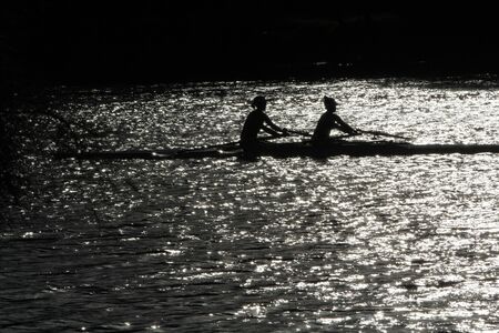 Backlit rowers on a riverの写真素材