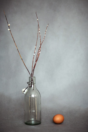 Empty bottle and rose chicken egg on dark backgroundの写真素材