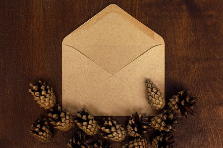 Brown envelop flat lay and pine cones on old wooden backgroundの写真素材