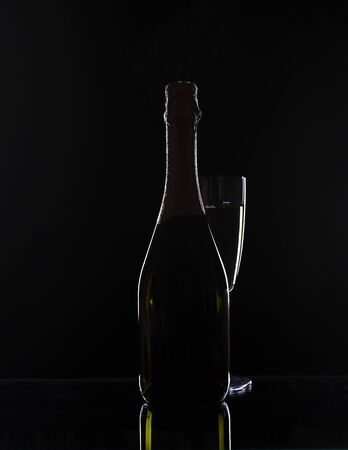 Champagne bottle and champagne glass in low keyの写真素材