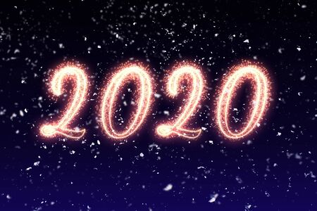 Number New Year 2020 written sparkling sparklers, holiday greeting card.