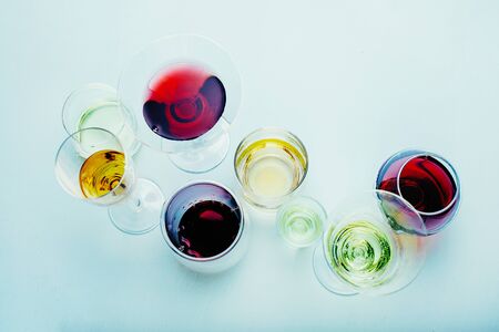 Colorful cocktails flatlay, we stay at home and drink healthy juices, a healthy lifestyleの写真素材