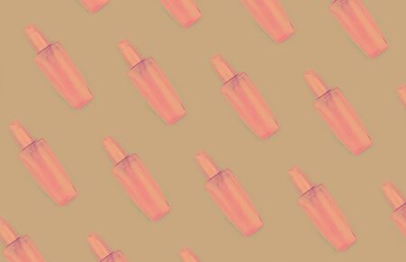 Pink jar with cosmetics, flat lay top viewの写真素材