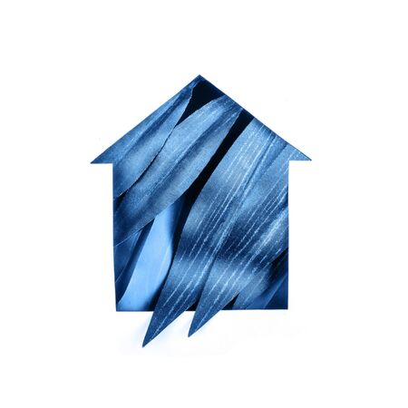 House of paper on the background of blue leaves, concept of safety and calm in the house, stay homeの写真素材