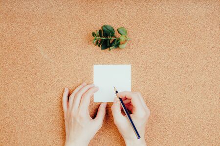 Woman writes note on a cork background, memo list for store