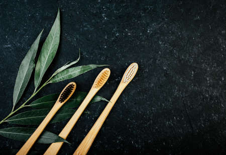 Three dental bamboo brushes on black background with green leavesの写真素材