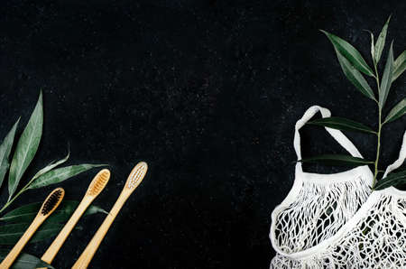 Mesh shopping bag and green leaves, the concept of the importance of ecology to nature