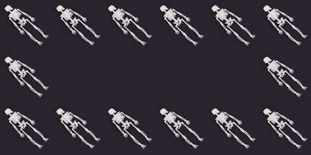 Toy skeletons on black background, Halloween concept, 3D illustration