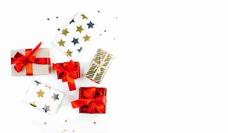 New Years gifts on a white background, holiday gifts concept