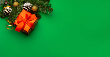 A New Year's background with New Year decorations on green backgroundの写真素材
