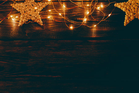 New Year's garland on a wooden background, Illuminating 2021