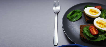 Healthy healthy food with egg and spinach, vegan food. Top viewの写真素材