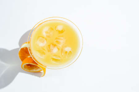 Glass of orange juice on the table, healthy breakfast top viewの写真素材