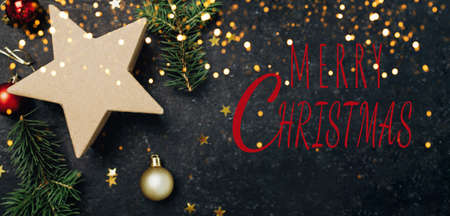 Spruce branches, star shaped box and Christmas balls, the concept of new year holidays and giftsの写真素材