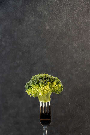 Broccoli on a fork on a dark background, healthy food conceptの写真素材