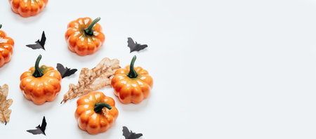 Halloween decorations on white background banner. Halloween concept top view.
